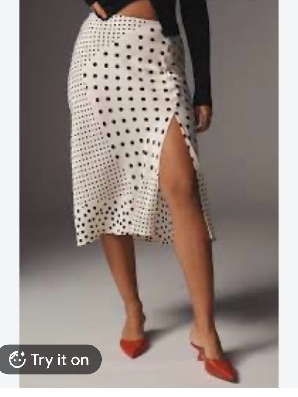 Anthropologie White Midi Skirt with Black Polka Dots and Side Slit
